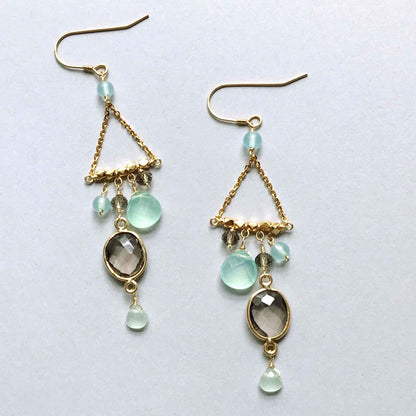 Smoky Quartz Chandie Earrings with faceted aqua chalcedony gemstones and 14k gold plated sterling silver