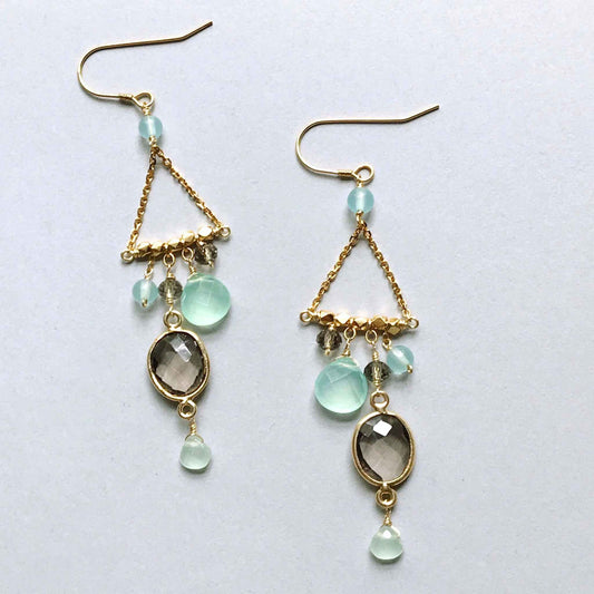 Smoky Quartz Chandie Earrings with faceted aqua chalcedony gemstones and 14k gold plated sterling silver