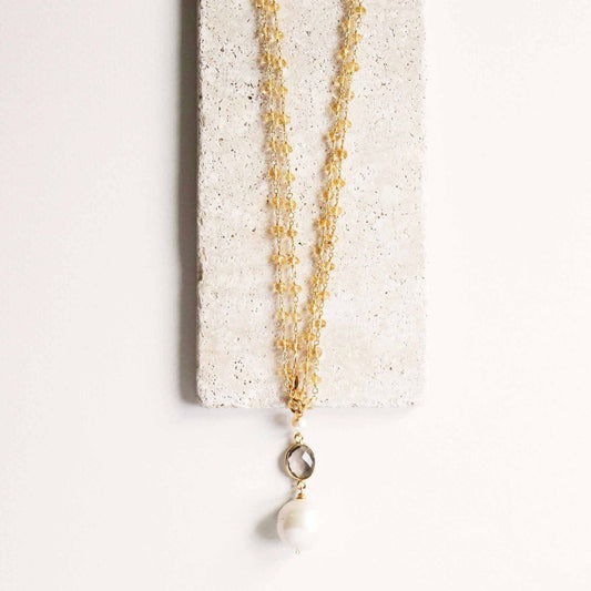 Smoky quartz pearl convertible necklace with baroque pearl and handmade champagne quartz chain