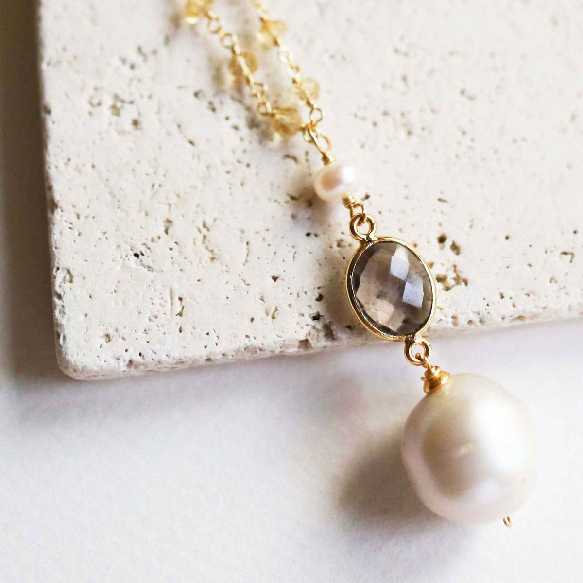 Smoky quartz pearl convertible necklace with baroque pearl and champagne quartz chain, 14k gold plated sterling silver