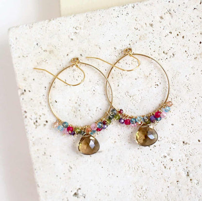 Smoky quartz swing earrings with 14k gold plated sterling silver hoops and French hooks