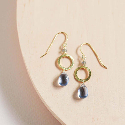 Tanzanite quartz gold drop earrings with 14k gold plated sterling silver and French hooks