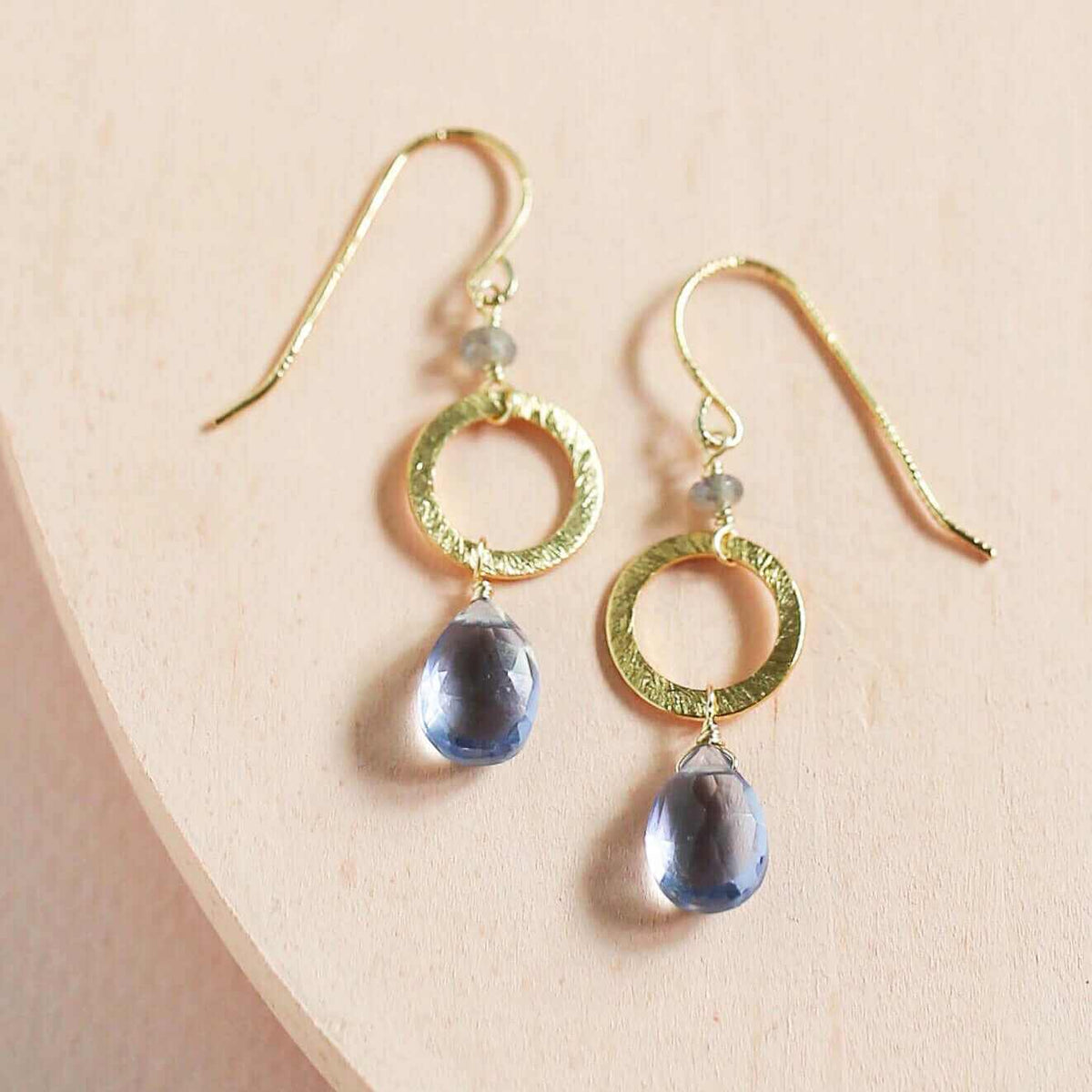 Tanzanite quartz gold drop earrings with French hooks and 14k gold plated sterling silver