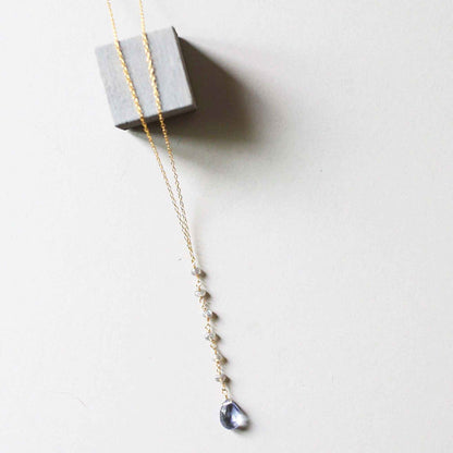 Tanzanite quartz yoga pendant with labradorite accents on gold-plated sterling silver Y chain