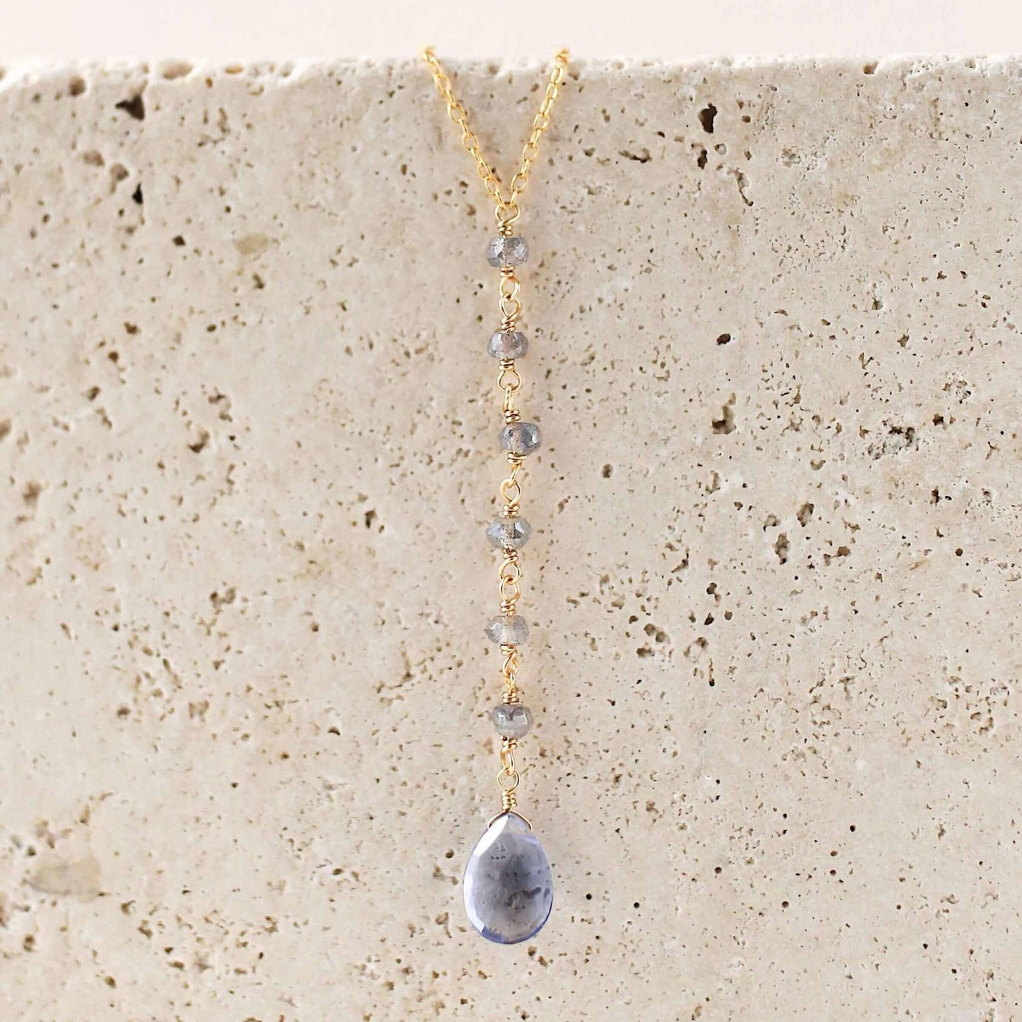 Tanzanite Quartz Yoga Pendant with labradorite accents in 14k gold plated sterling silver on adjustable chain