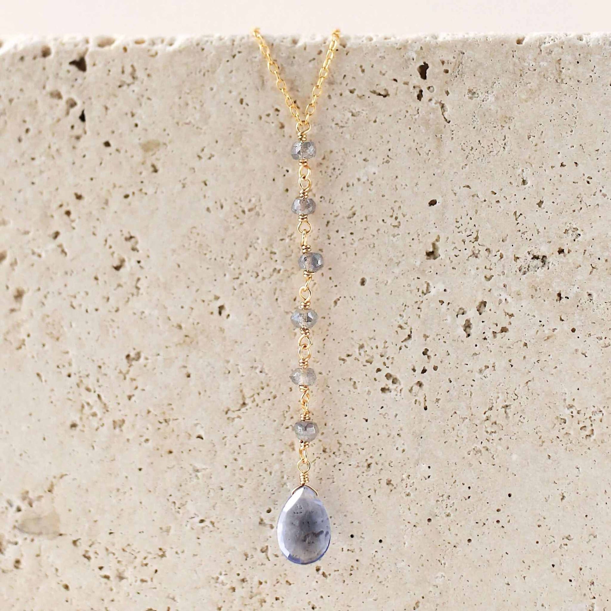 Tanzanite Quartz Yoga Pendant with labradorite accents in 14k gold plated sterling silver on adjustable chain