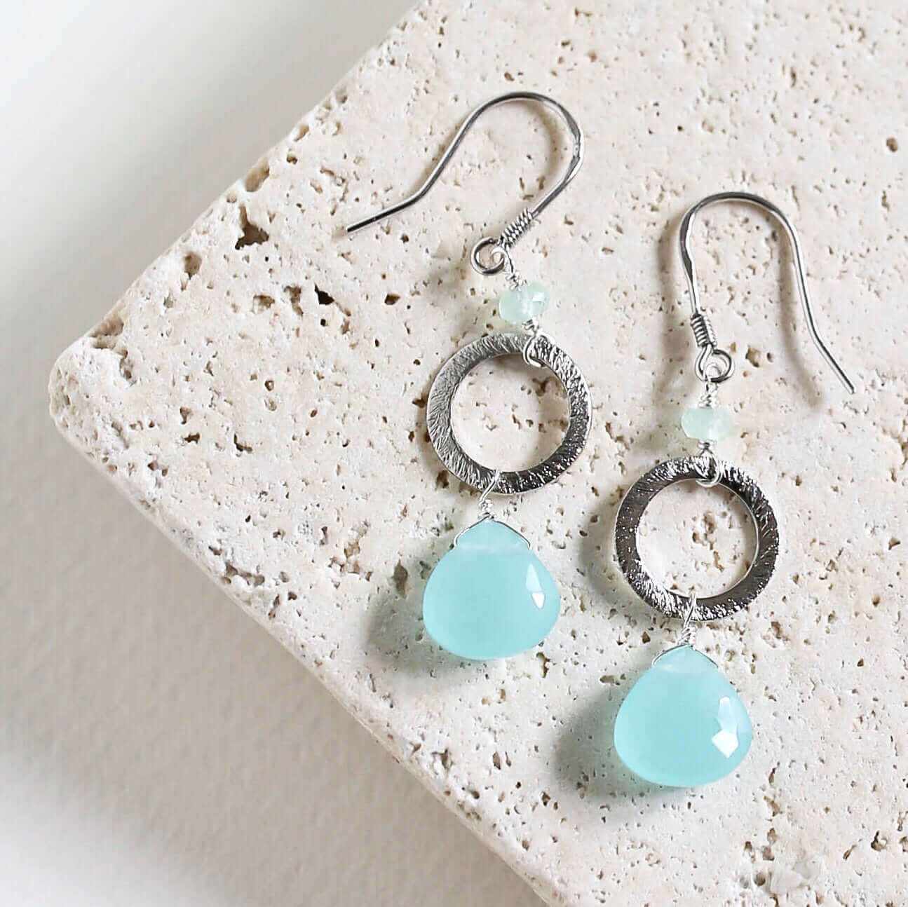 The Airie Earring blue chalcedony gold dangle earrings with 14k gold plated sterling silver and French hooks