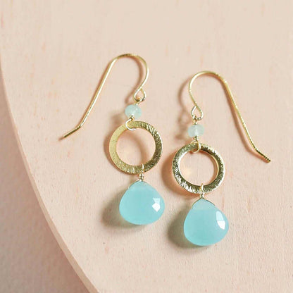The Airie Earring blue chalcedony gold 1.5 inch 14k gold plated sterling silver with French hooks