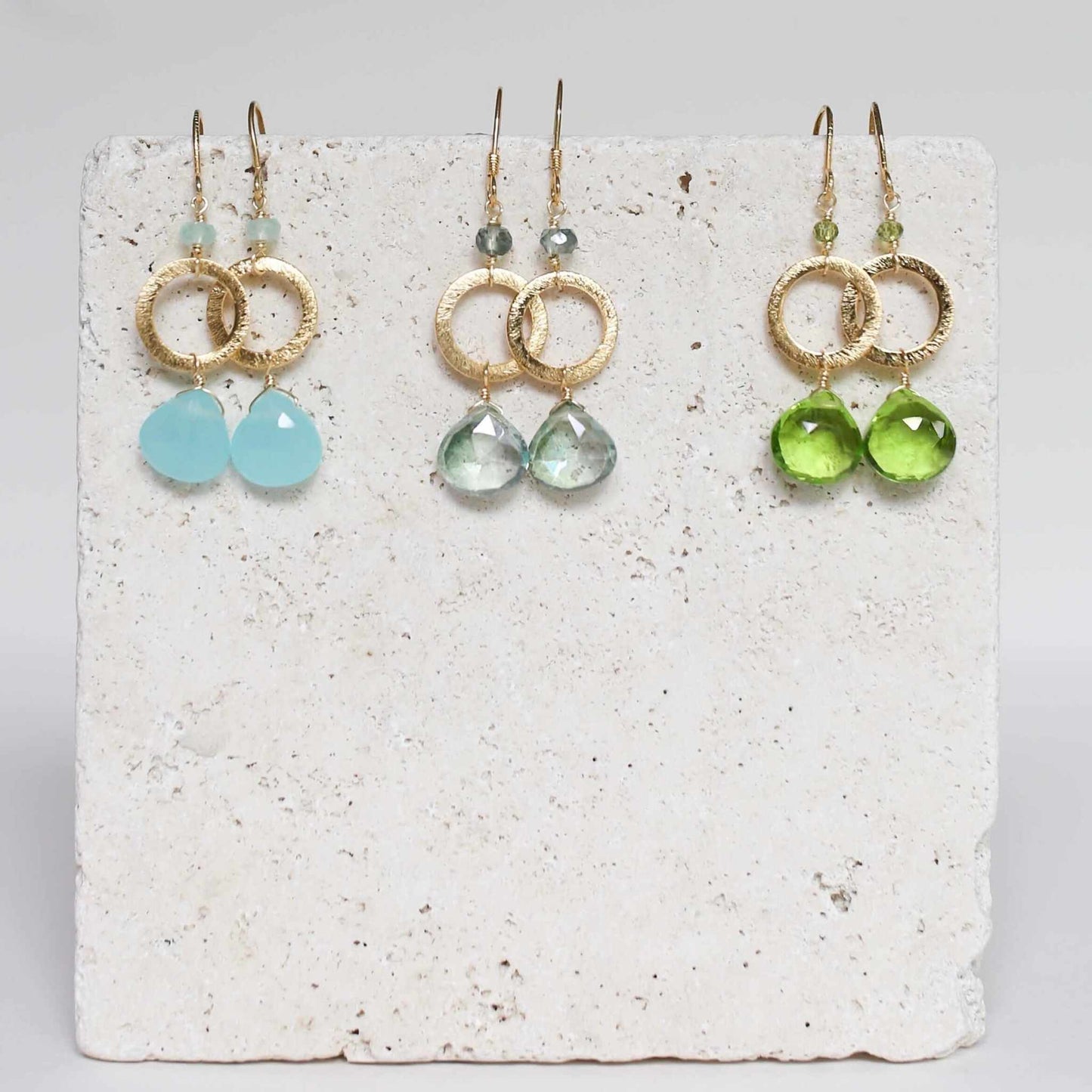 The Airie Earring green amethyst gold 14k gold plated sterling silver French hooks 1.5 inches long