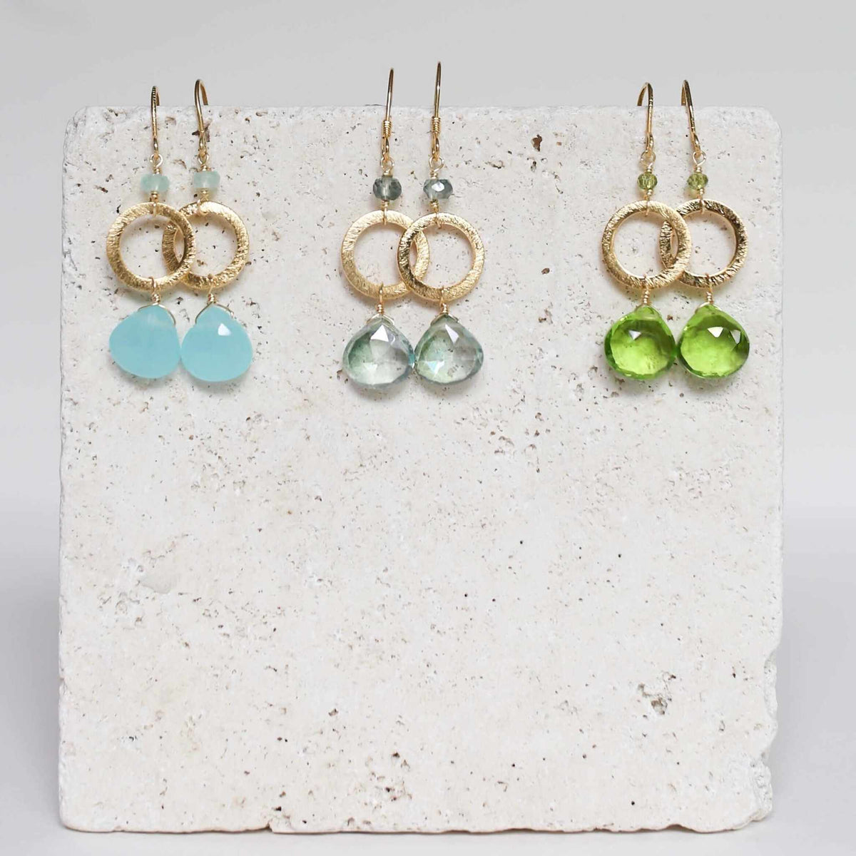 The Airie Earring green amethyst gold 14k gold plated sterling silver French hooks 1.5 inches long