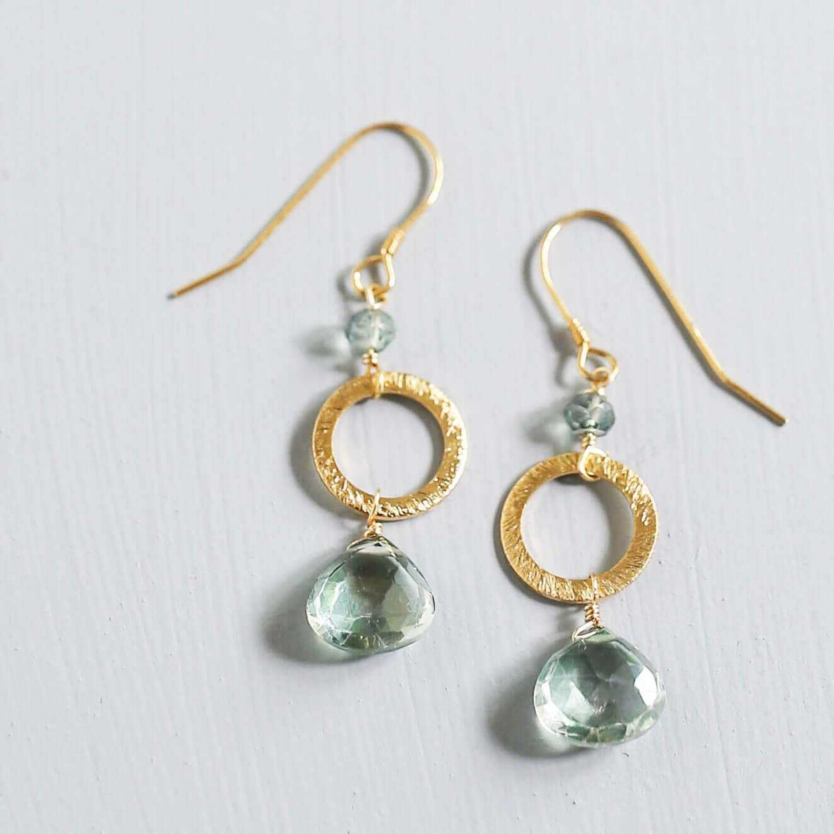 The Airie Earring green amethyst gemstone gold plated sterling silver 1.5 inch French hook