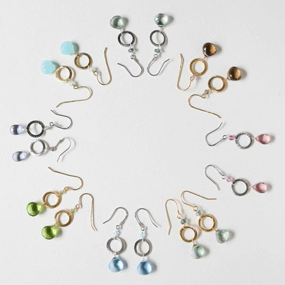 The Airie Earring with peridot quartz gemstones and 14k gold plated sterling silver French hooks