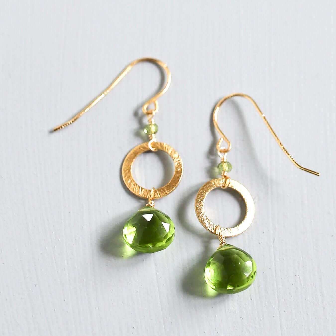 The Airie Earring green peridot quartz gold 1.5 inch French hook sterling silver