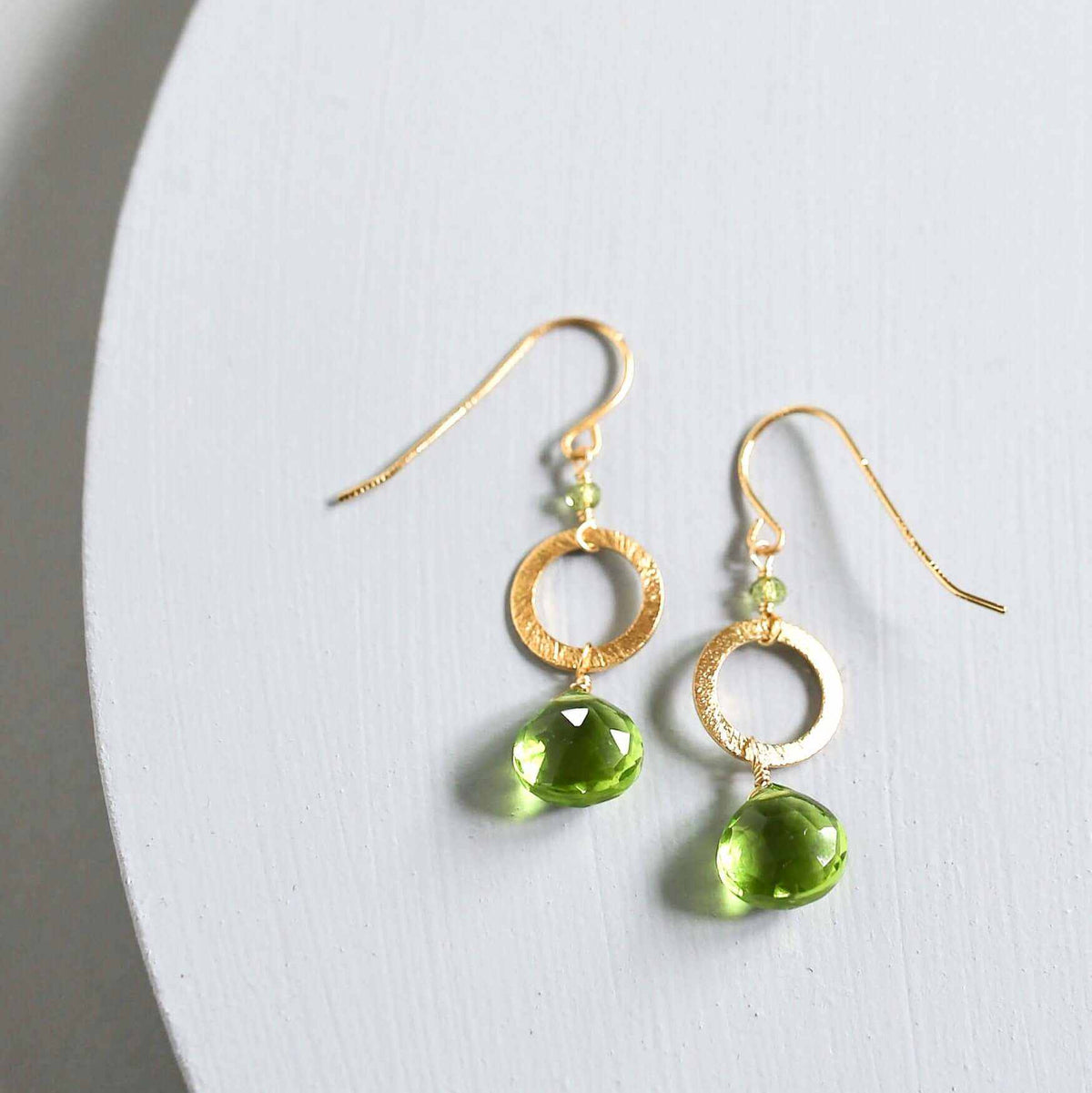 The Airie Earring peridot quartz 14k gold plated sterling silver 1.5 inch French hooks