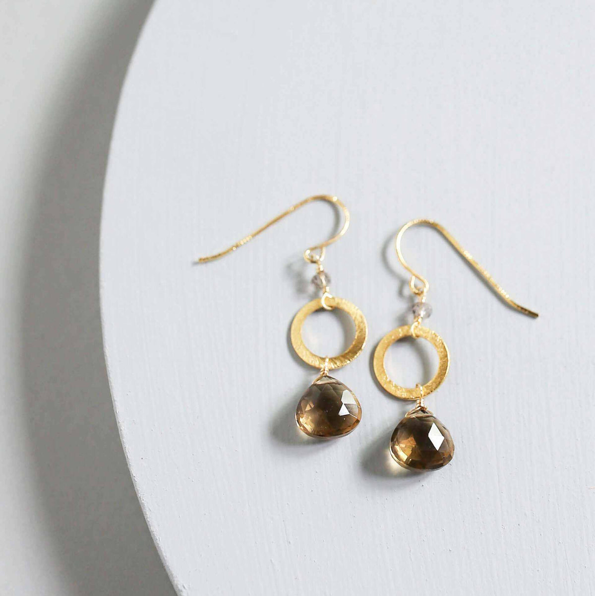 The Airie Earring smoky quartz gold 1.5 inch dangle earrings with French hooks sterling silver