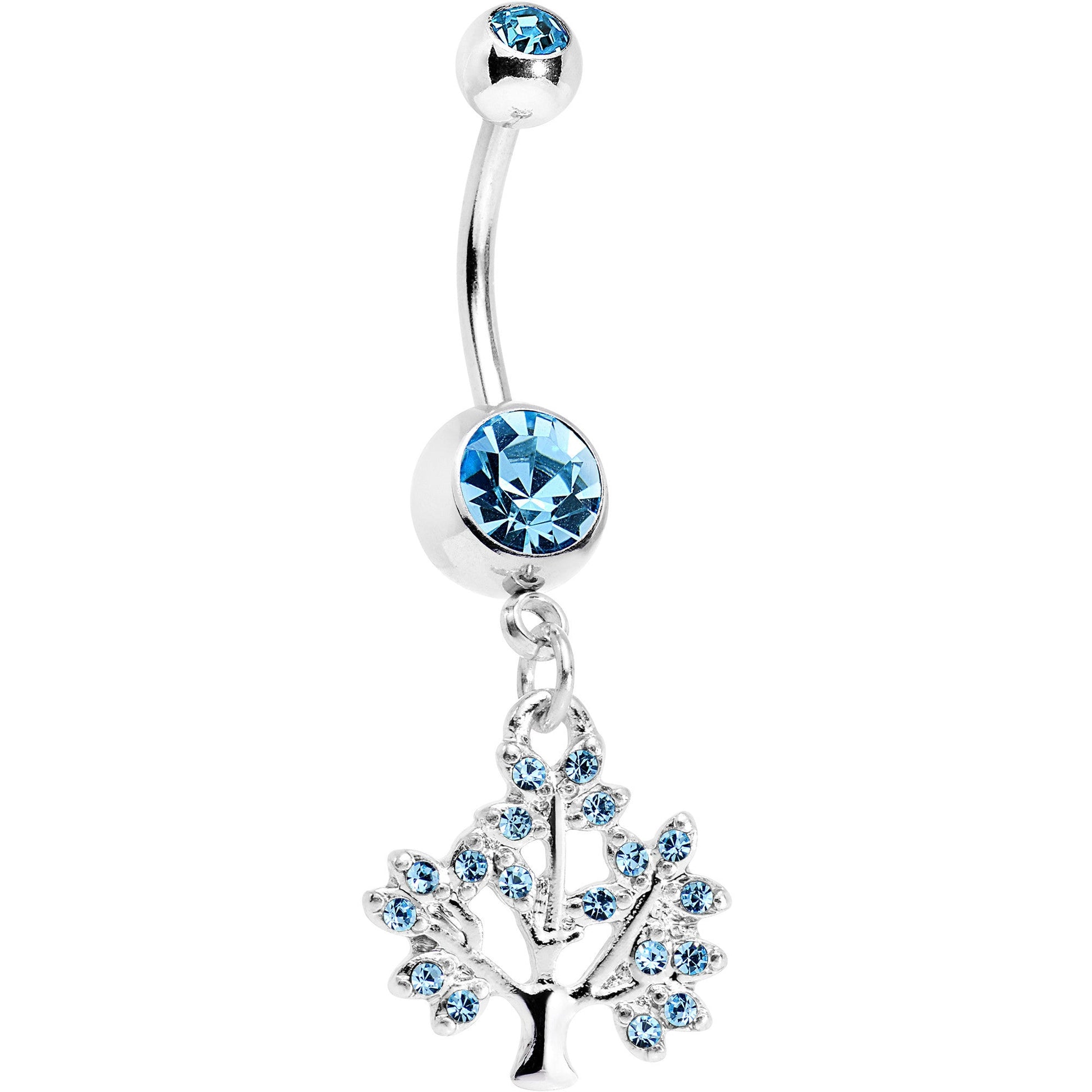 Aqua Gem Steel Tree of Life Dangle Belly Ring BodyCandy