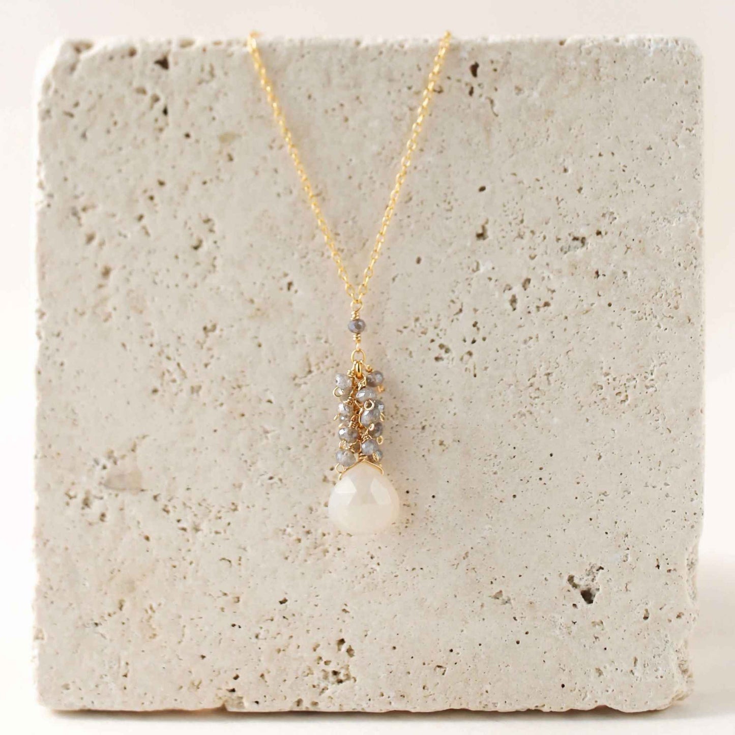 White chalcedony cluster necklace with labradorite gems and 14k gold plated sterling silver clasp