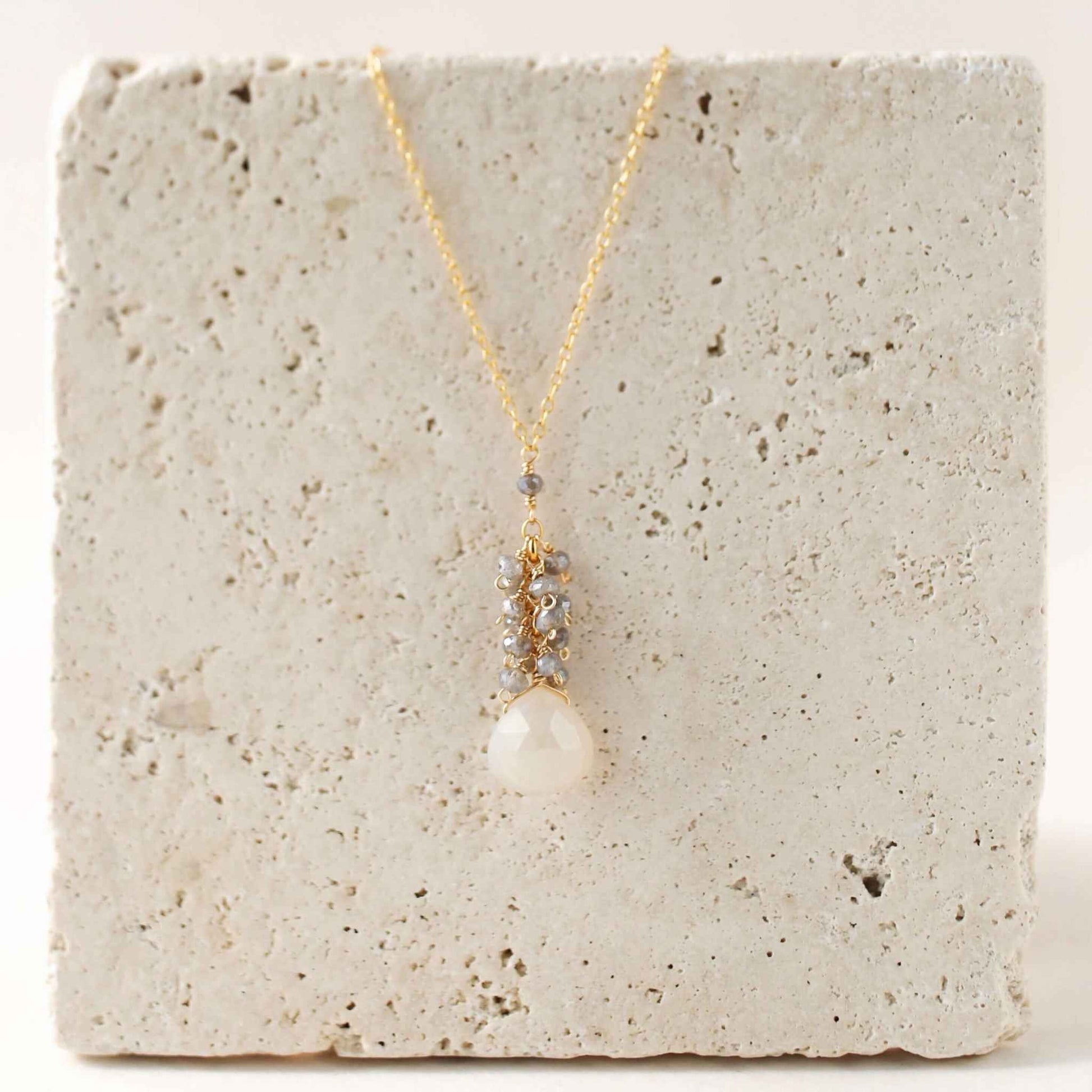 White chalcedony cluster necklace with labradorite gems and 14k gold plated sterling silver clasp