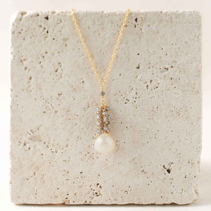 White chalcedony cluster necklace with labradorite gems and 14k gold plated sterling silver clasp