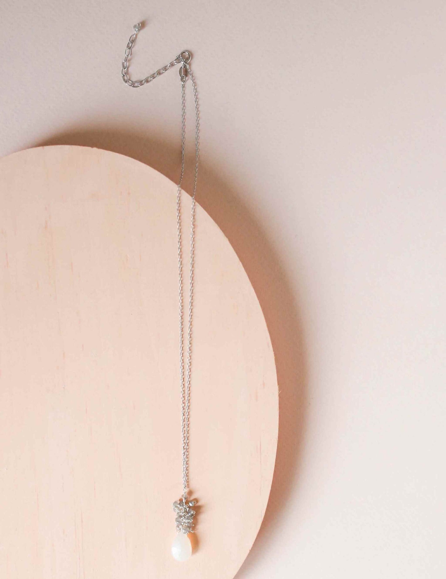 White chalcedony cluster necklace with labradorite gems and 14k gold plated sterling silver chain