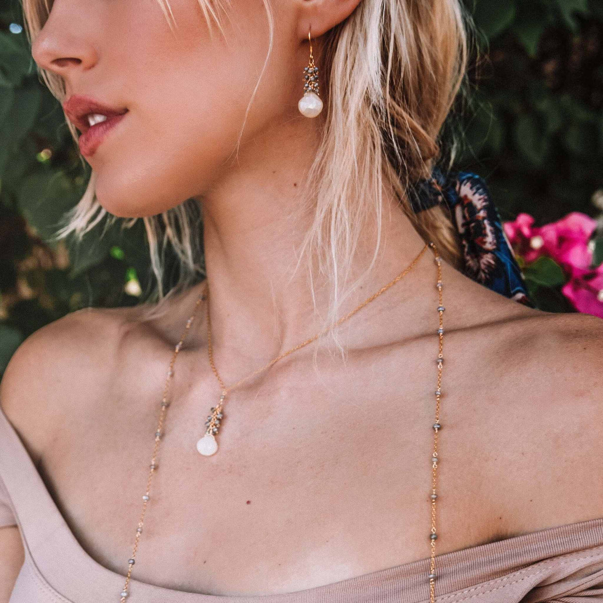 White Chalcedony cluster necklace with labradorite gems and gold plated sterling silver chain