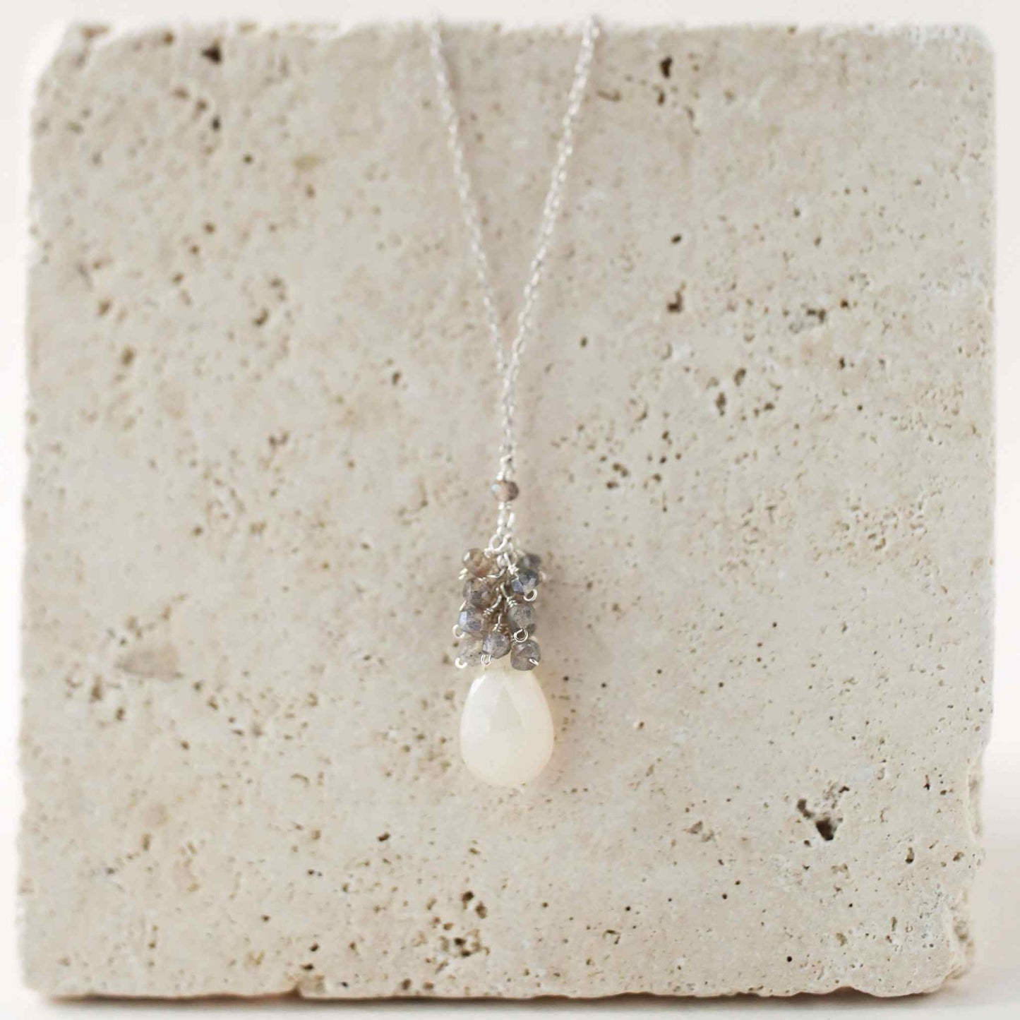 White chalcedony cluster necklace with labradorite gems and gold plated sterling silver chain