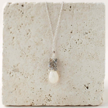 White chalcedony cluster necklace with labradorite gems and gold plated sterling silver chain