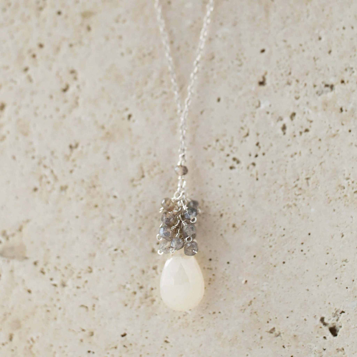 White Chalcedony silver necklace with raindrop pendants and labradorite cluster on sterling silver chain