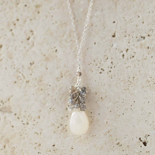 White Chalcedony silver necklace with raindrop pendants and labradorite cluster on sterling silver chain