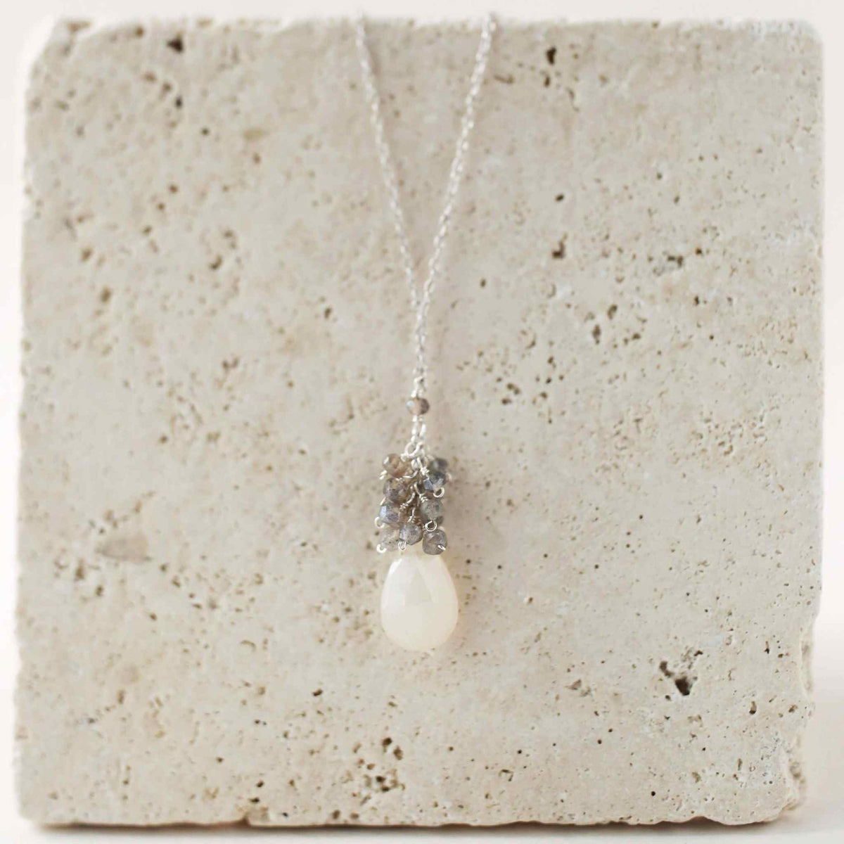 White chalcedony silver necklace with raindrop pendants and labradorite cluster on sterling silver chain