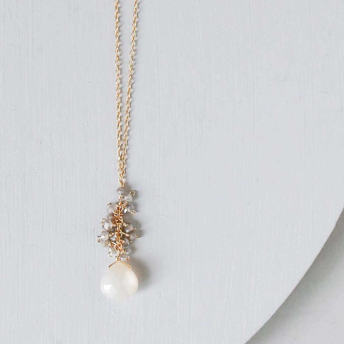 White Chalcedony silver cluster necklace with raindrop pendants and labradorite gems on sterling silver chain