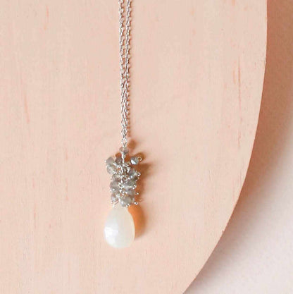 White chalcedony silver cluster necklace with labradorite gems on sterling silver chain