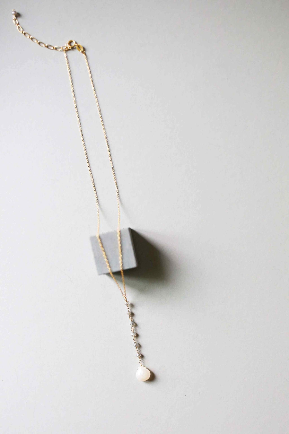White Chalcedony Yoga Necklace with faceted labradorite gems and 14k gold plated sterling silver Y pendant on 18-20" chain