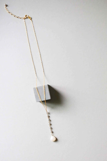 White Chalcedony Yoga Necklace with faceted labradorite gems and 14k gold plated sterling silver Y pendant on 18-20" chain
