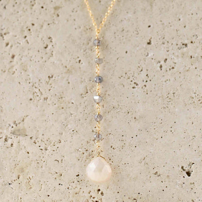 White Chalcedony Yoga Necklace with faceted labradorite gems and 14k gold plated sterling silver Y pendant
