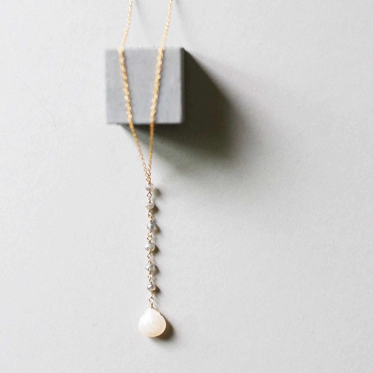 White Chalcedony Yoga Necklace with faceted labradorite gems and 14k gold plated sterling silver Y pendant