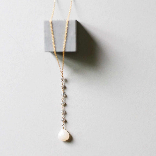 White Chalcedony Yoga Necklace with faceted labradorite gems and 14k gold plated sterling silver Y pendant