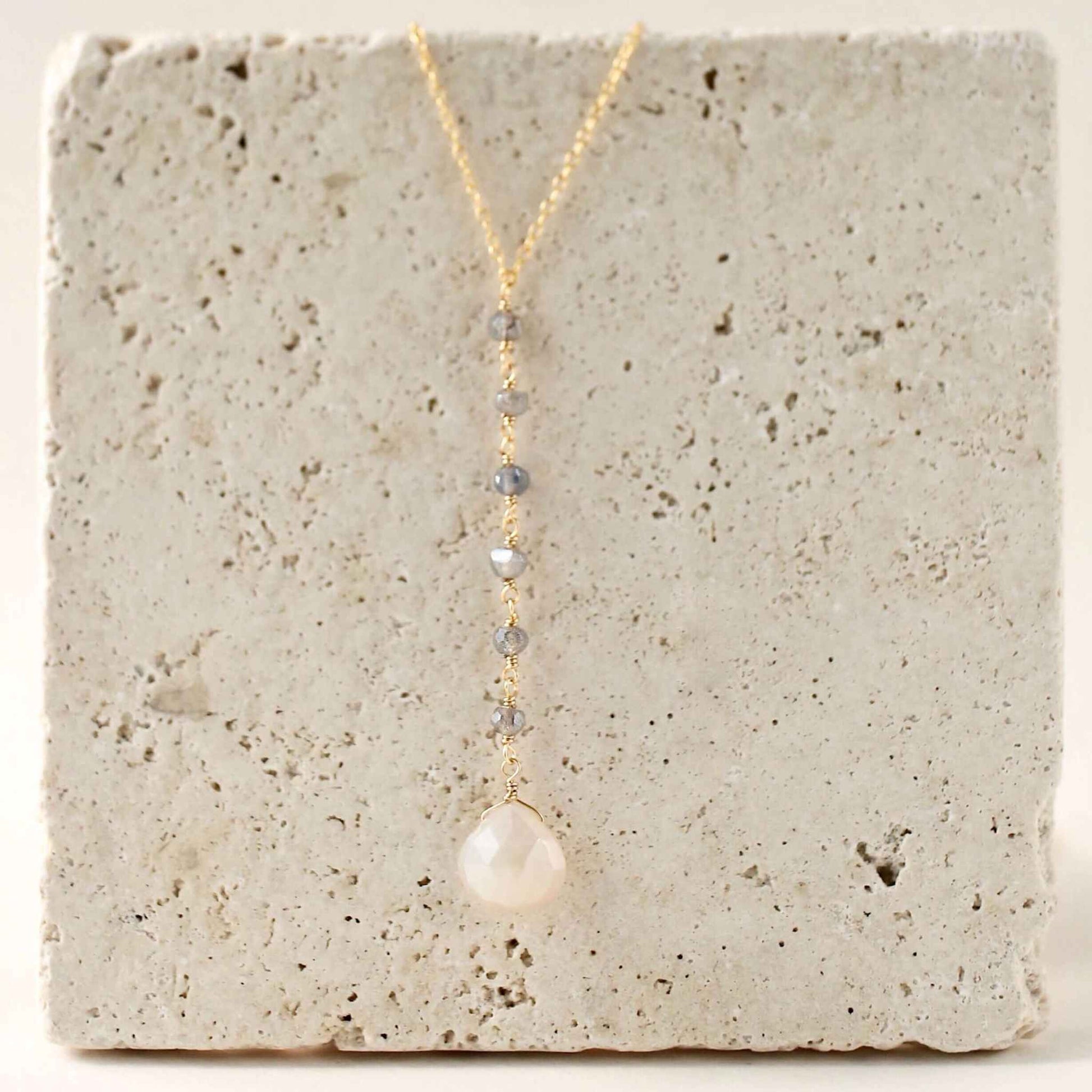 White Chalcedony Yoga Necklace with faceted labradorite gems and 14k gold plated sterling silver Y pendant