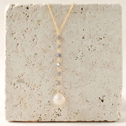 White Chalcedony Yoga Necklace with faceted labradorite gems and 14k gold plated sterling silver Y pendant