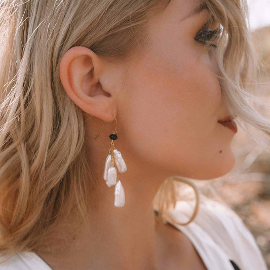 White stick pearl earrings with freshwater pearls and black spinel accents, 14k gold plated sterling silver