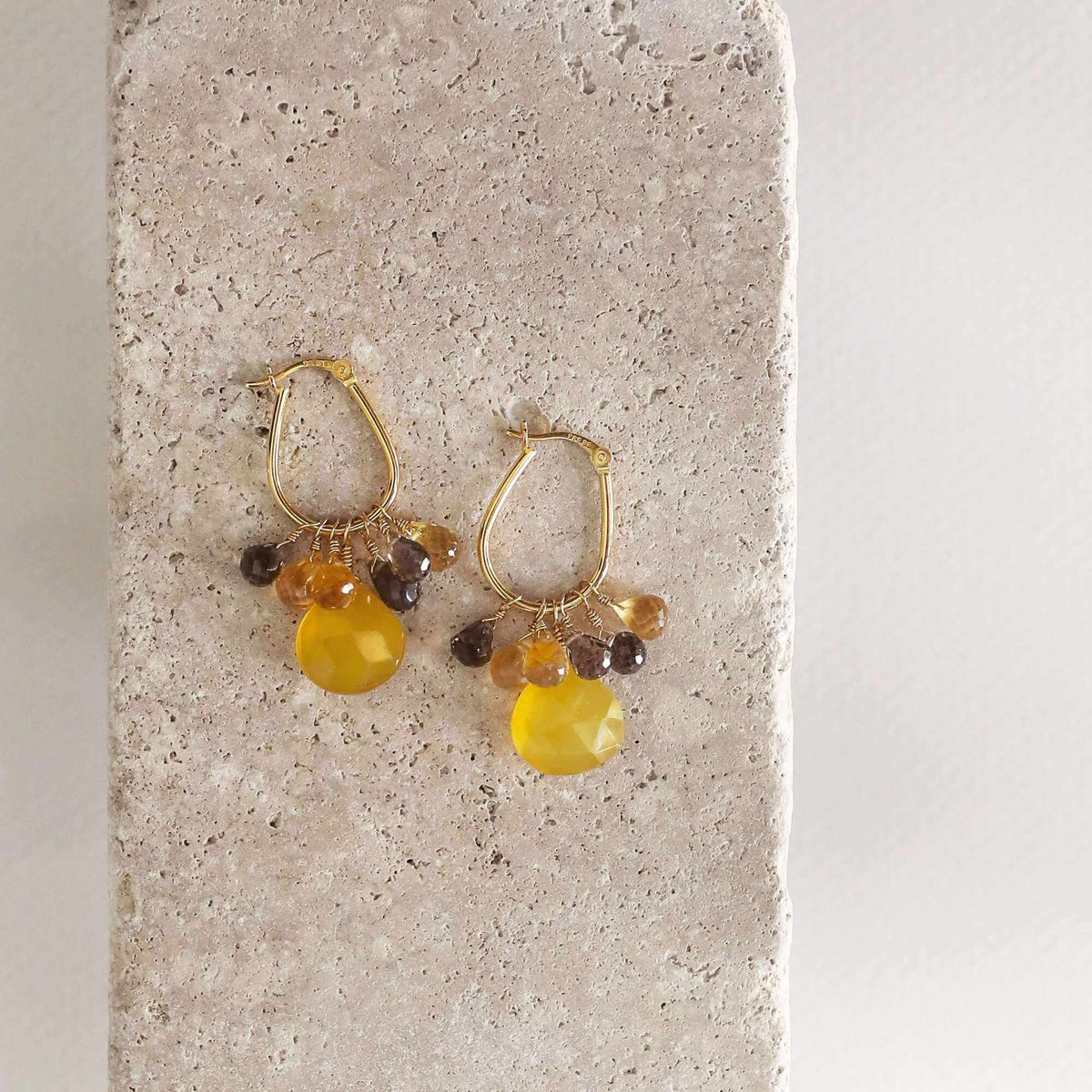 Yellow Chalcedony gold drop earrings with smoky and champagne quartz briolettes on 14k gold plated sterling silver