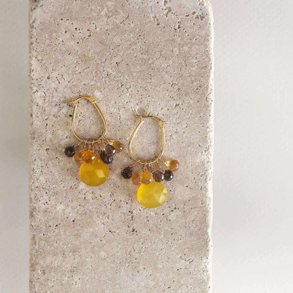 Yellow Chalcedony gold drop earrings with smoky and champagne quartz briolettes on 14k gold plated sterling silver