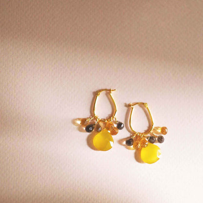 Yellow Chalcedony gold drop earrings with smoky quartz and champagne quartz briolettes on 14k gold plated sterling silver
