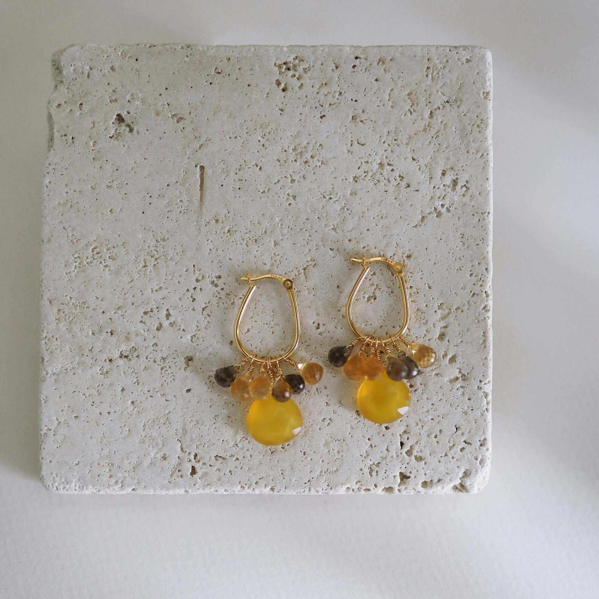 Yellow chalcedony gold drop earrings with smoky and champagne quartz briolettes on 14k gold plated sterling silver