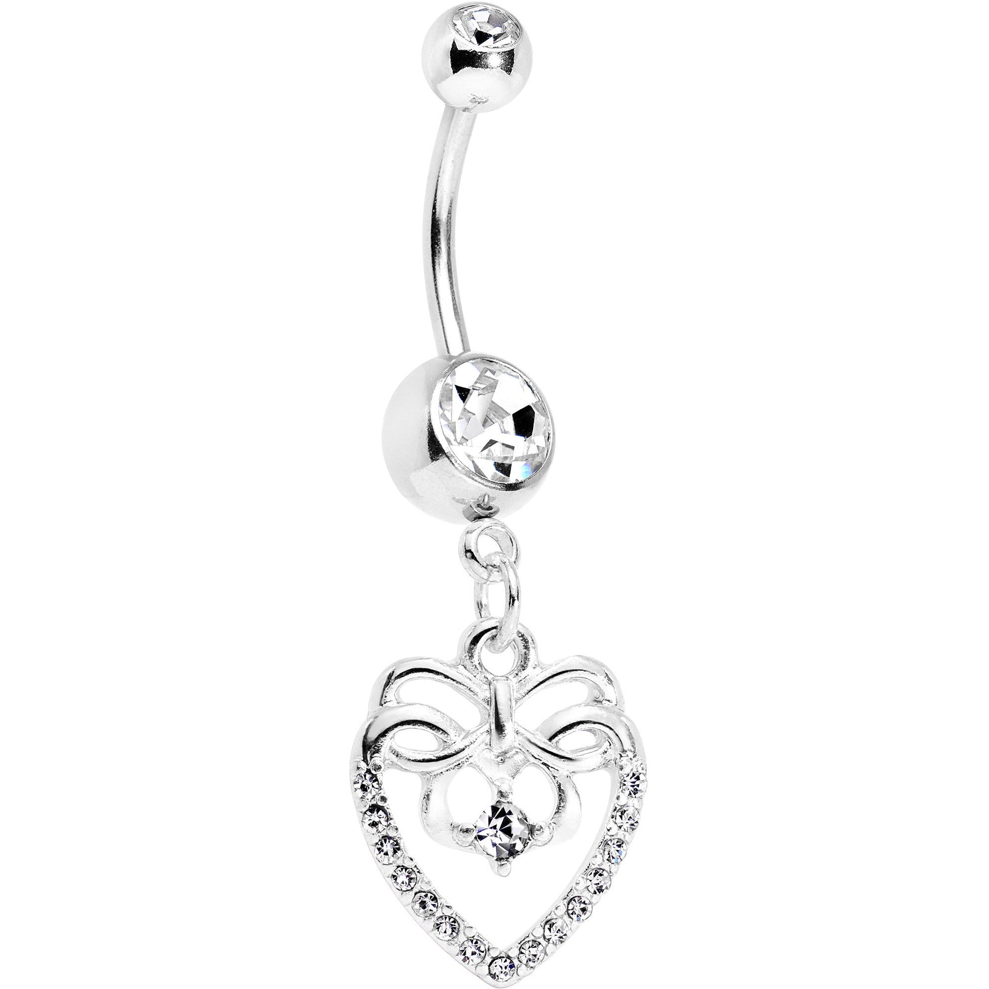 Clear CZ Gem Bow Heart Dangle Belly Ring BodyCandy