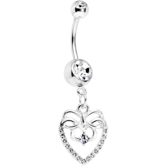 Clear CZ Gem Bow Heart Dangle Belly Ring BodyCandy
